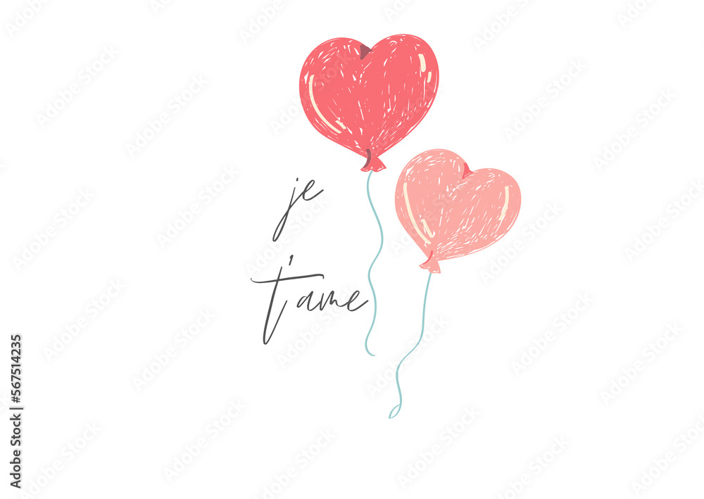 Red heart balloons, 14th February, Valentine’s Day, for design, postcards , je t’ame