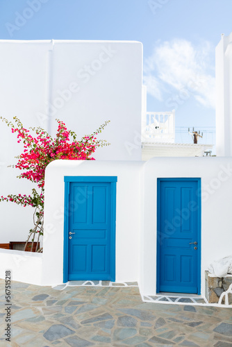 Blue door white house with pink flowers in Mykonos