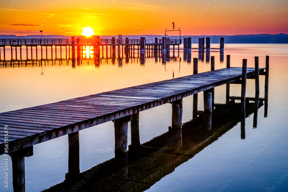 typical old wooden jetty at the lake Starnberg