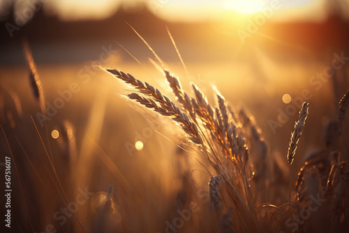 Wheat field at sunset background. AI generated image.