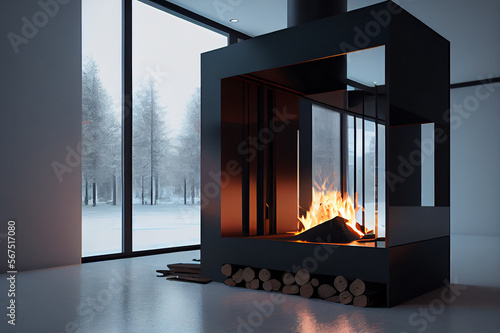 Modern living room with Fireplace. generative AI