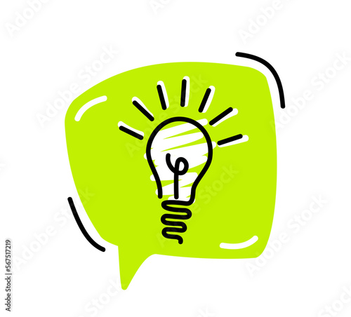 Bright green speech bubbles with icons light bulb. Concept ideas or insight.