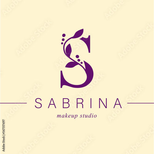 Logo, capital letter s. Monogram of Botanical Minimalistic with natural plant.
