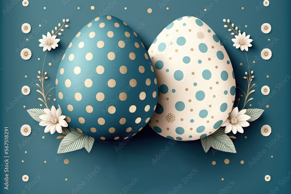 Happy Easter with dotted background, blue and white rustic floral eggs ...