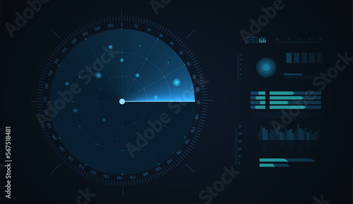 Radar screen background. Vector sonar illustration. Military scan system.