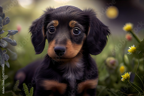 Dachshund, puppy, playing in the garden, generative AI