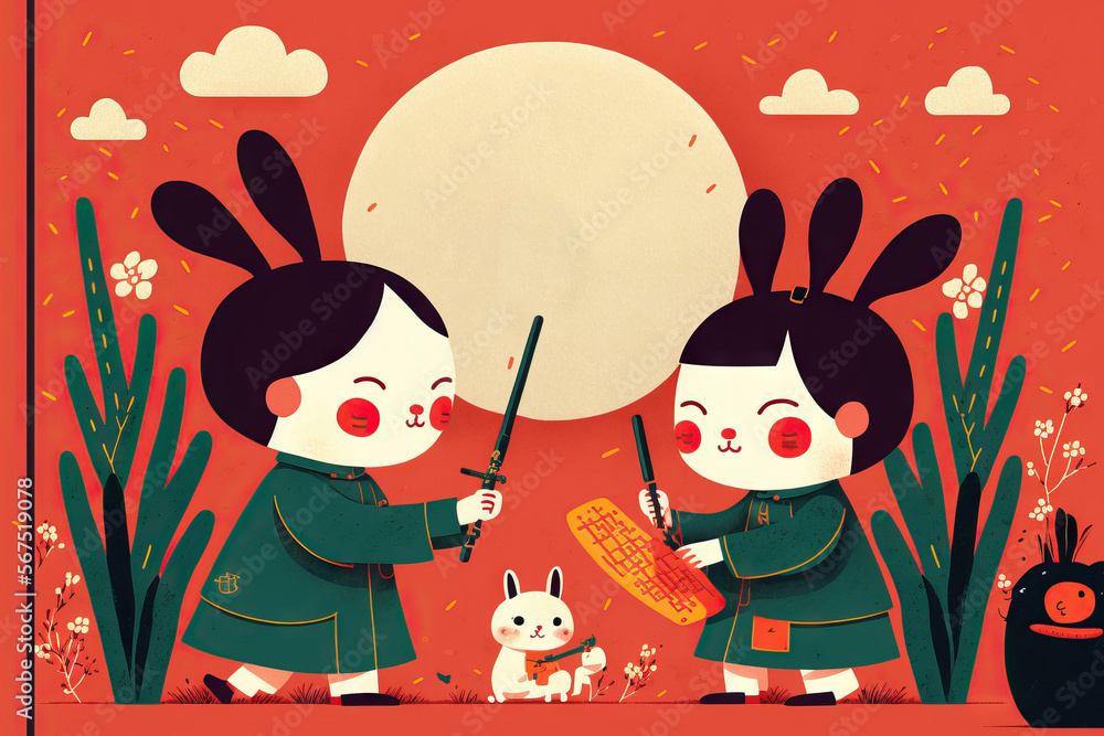 Naklejka premium Illustration depicts two children playing instruments, one riding a rabbit, the other lighting firecrackers and jumping over a line of red couplets reading lunar new year is coming. Generative AI