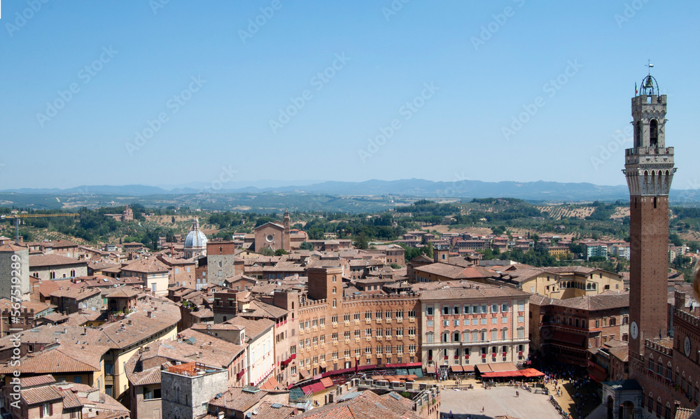 Beautiful aerial view of Siena, with its square and tower