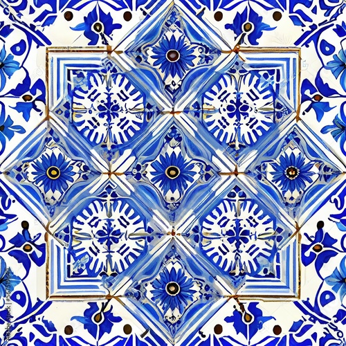 Handpainted blue azulejo ceramic tiles, Generative AI, Pattern, Texture