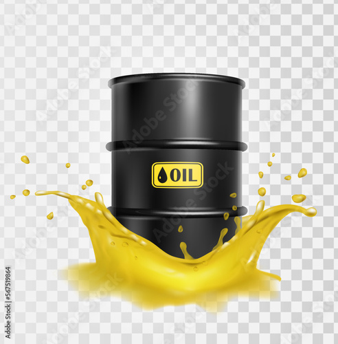 3d realistic vector icon illustartion. Hazard barrel in oil splash. Isolated on transparent background.
