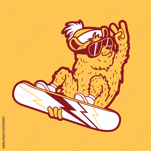 Funny bear on a snowboard makes bales