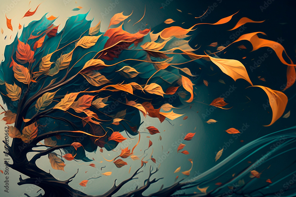 Autumn leaves blown by the wind generative AI Autumn leaves blown by the wind generative AI