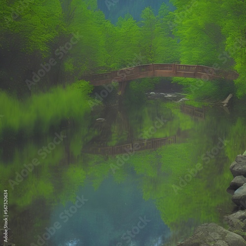 Bridge reflection in river mirror water - generative ai