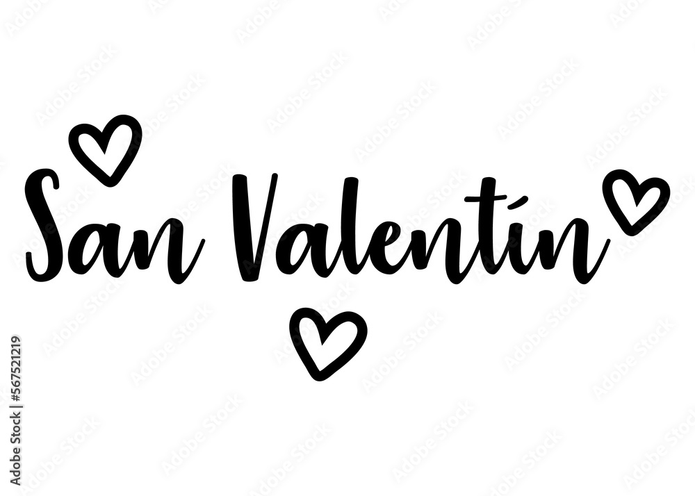 Letras de la palabra San Valentín con corazones. Texto manuscrito San Valentín en español para su uso en invitaciones y tarjetas