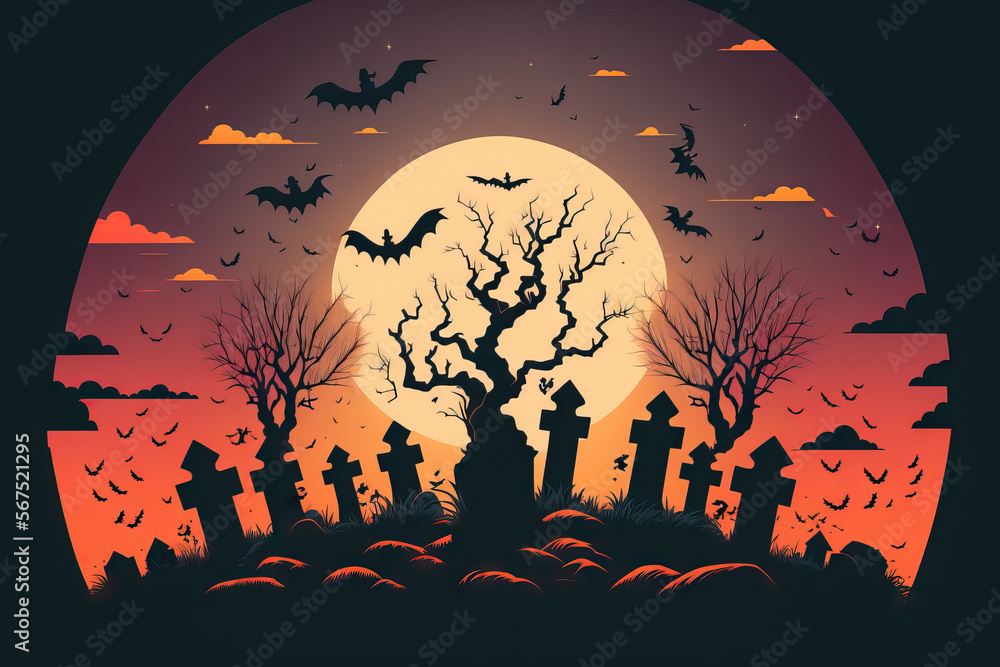 Illustration for Halloween including bats flying over a cemetery in the moonlight, a creepy tree, vintage haunted home, and silhouettes of Halloween pumpkins. Generative AI