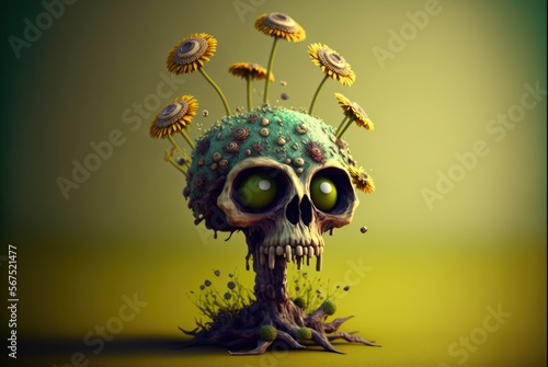 Infected forest flora, zombie pathogen changes any plant and forms woody mutated skulls and creepy eyes to appear - viral fungus growth with cute flowers hides the toxic danger - generative AI.