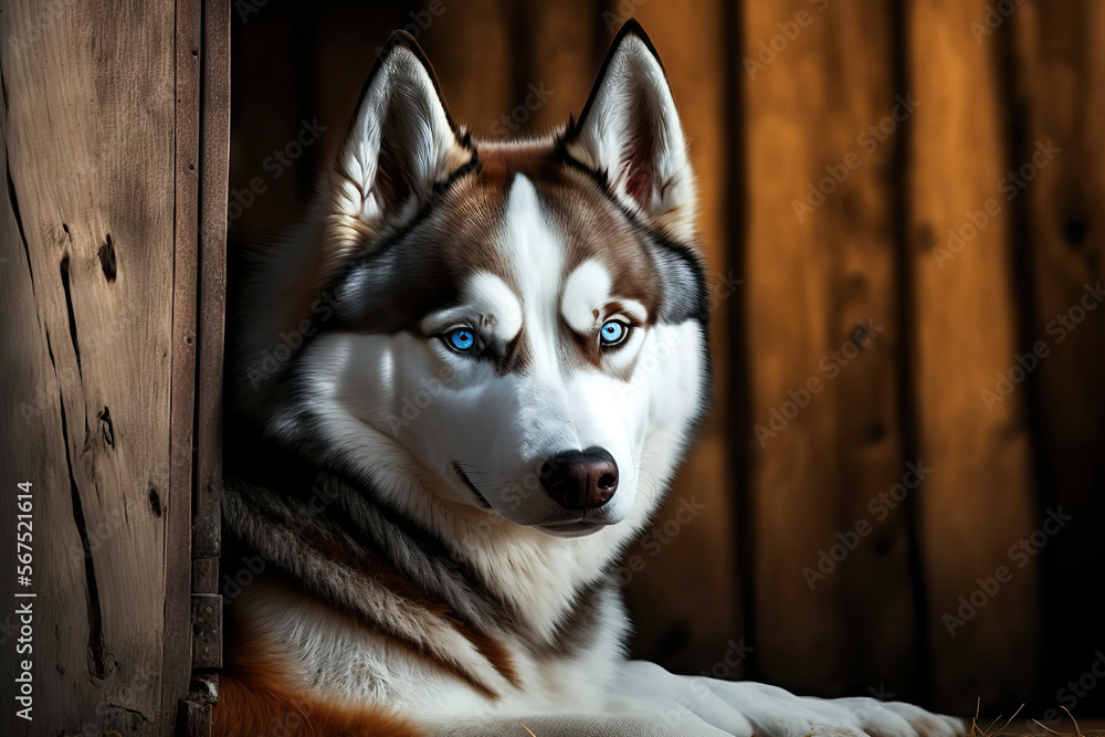Husky is on the ground and is not looking. Beautiful Siberian Husky dog