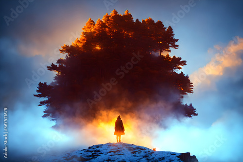 Beautifulsunset landscape at golden hour, single traveller under big single tree at the cliff against the wild dramatic colorful sky. AI generated photo