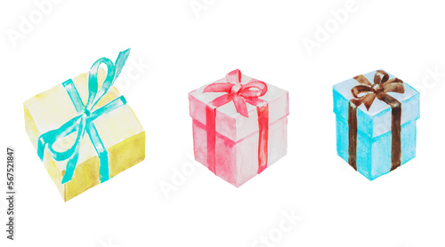 Gifts, colorful gift boxes, presents, celebration, birthday gift, Christmas gift , watercolor illustration 
