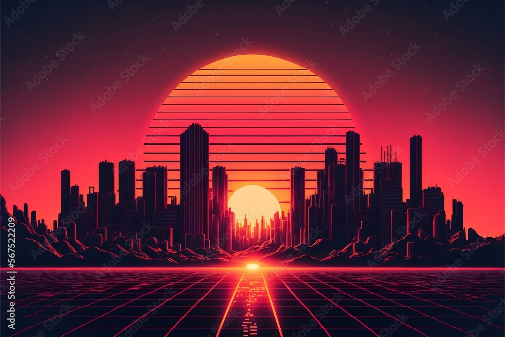Synth wave retro city landscape background at sunset. Generative AI