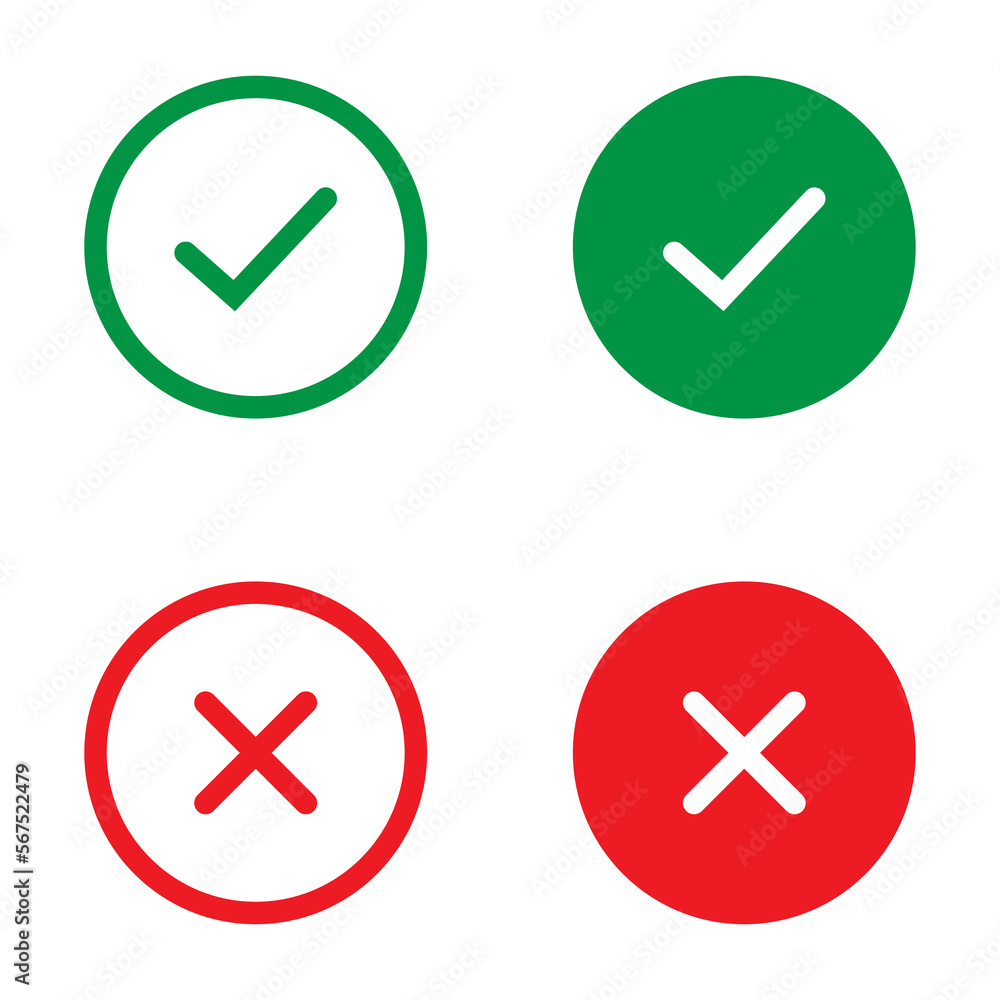 Cross mark and Check mark vector icon. Yes or no line symbol, approved or rejected icon for user interface. Cross mark and Check mark vector icon. Yes or no line symbol, approved or rejected icon for user interface.