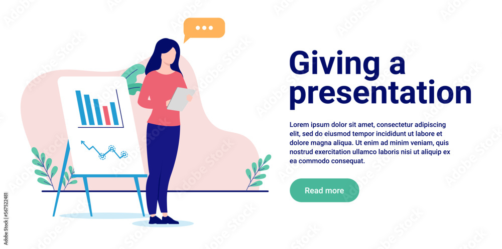 Giving a presentation - Woman standing alone talking in front of whiteboard flipover. Flat design vector illustration with white background and copy space for text Giving a presentation - Woman standing alone talking in front of whiteboard flipover. Flat design vector illustration with white background and copy space for text