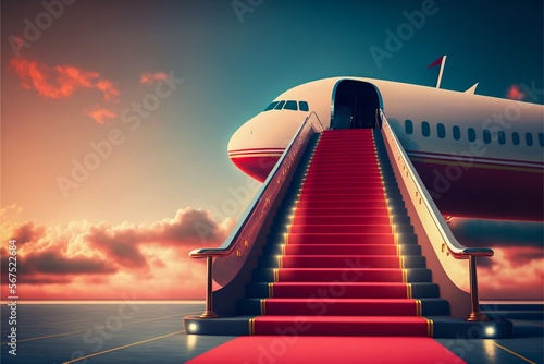Photographie Vip luxury red carpet on stairs to private jet airplane