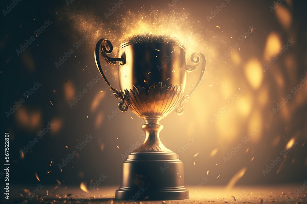 Winner gold trophy with blurred sparks on background. Generative AI Winner gold trophy with blurred sparks on background. Generative AI