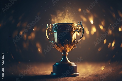Winner gold trophy with blurred sparks on background. Generative AI