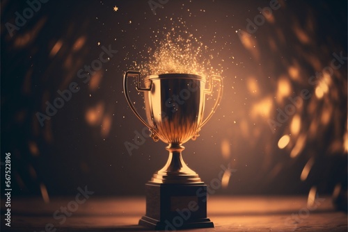 Winner gold trophy with blurred sparks on background. Generative AI