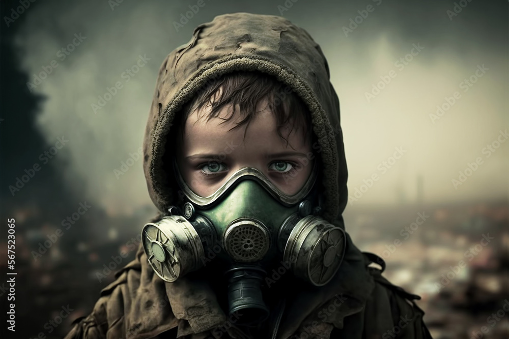 Little boy with gas mask depicting consequences of global warming, air pollution and war, copy space, created with Generative AI technology Little boy with gas mask depicting consequences of global warming, air pollution and war, copy space, created with Generative AI technology