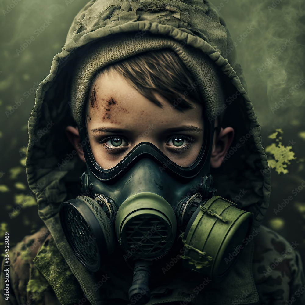 Little boy with gas mask depicting consequences of global warming,  air pollution and war, created with Generative AI technology