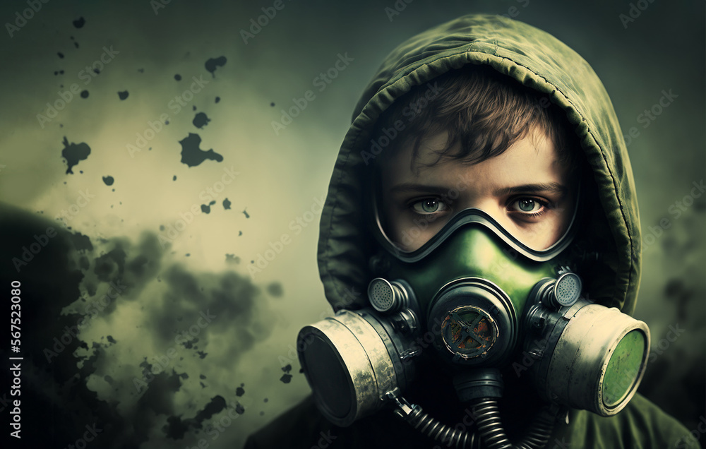Little boy with gas mask depicting consequences of global warming, air pollution and war, copy space, created with Generative AI technology Little boy with gas mask depicting consequences of global warming, air pollution and war, copy space, created with Generative AI technology