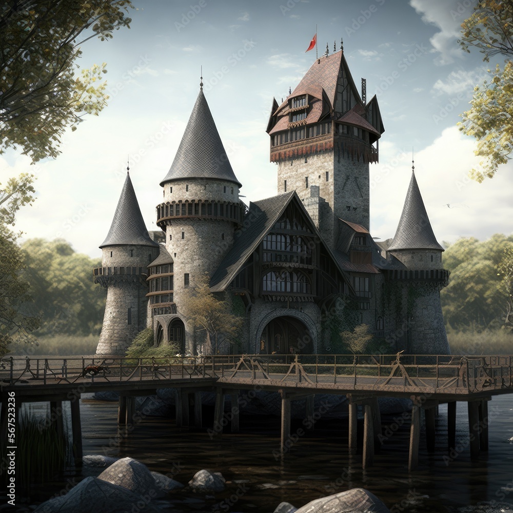 Diorama of a medieval castle located in a hilly environment, AI generated Diorama of a medieval castle located in a hilly environment, AI generated