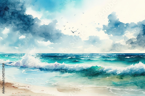 Illustration of a sea in watercolor. Generative AI © 2rogan