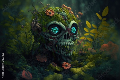 Infected forest flora  zombie pathogen changes any plant and forms woody mutated skulls and creepy eyes to appear - viral fungus growth with cute flowers hides the toxic danger - generative AI.