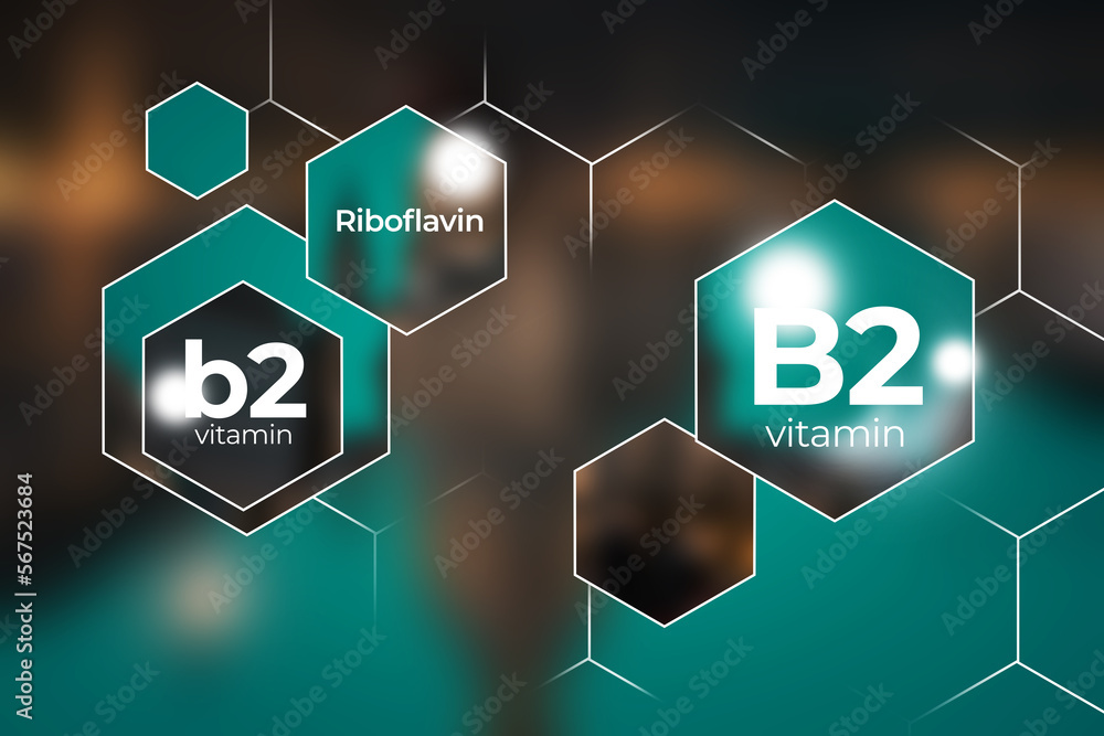Molecular model of vitamin B2, Riboflavin. Hexagons with Vitamin B2