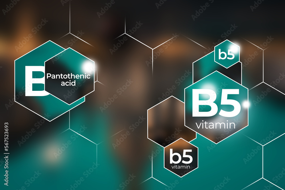 Molecular model of vitamin B5. Hexagons with Vitamin B5 name, blurry