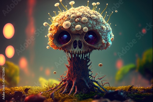 Infected forest flora, zombie pathogen changes any plant and forms woody mutated skulls and creepy eyes to appear - viral fungus growth with cute flowers hides the toxic danger - generative AI. photo