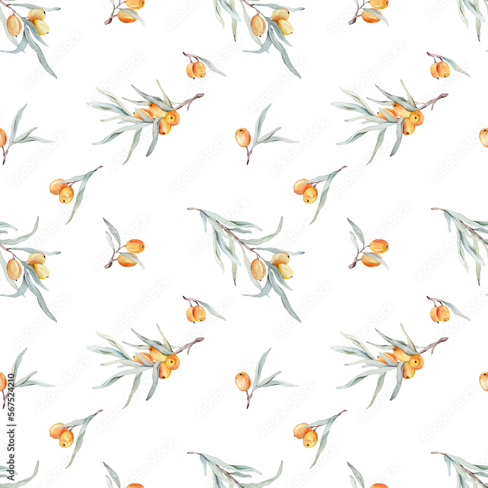 Pattern with orange sea buckthorn. Sea buckthorn for healthy life and design background. Hand painted. Botanical natural. Seamless pattern, an illustration for postcards, posters, textile design.