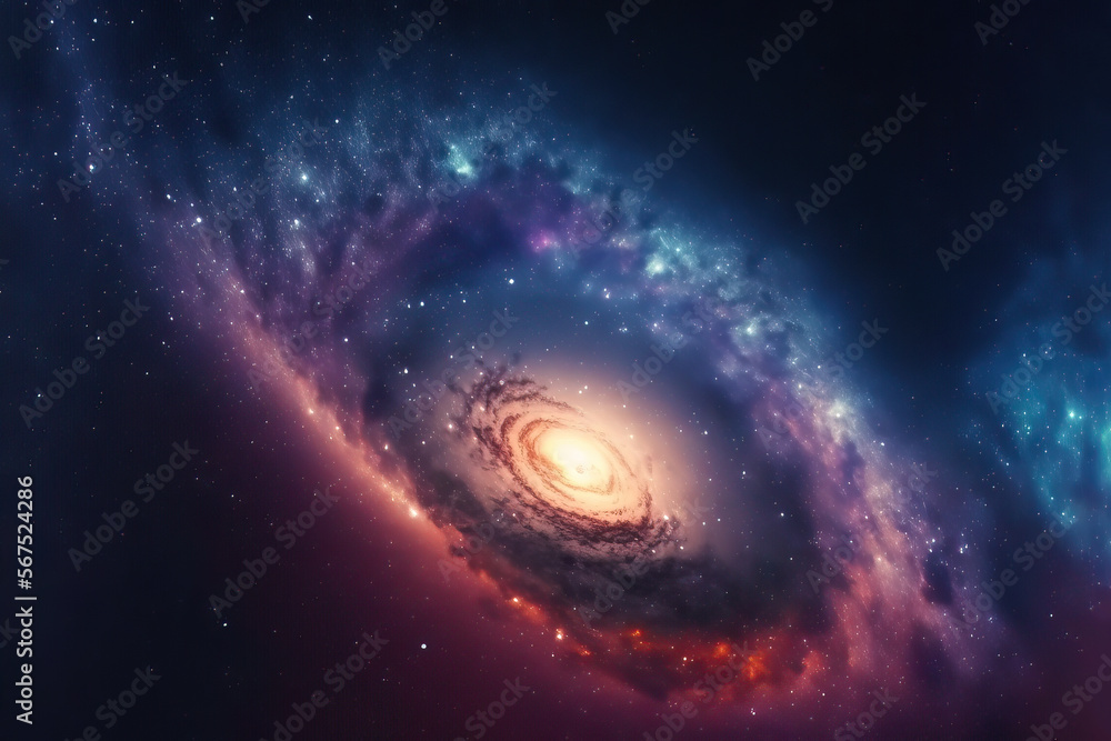 Illustration of a space cosmic background of a colorful supernova nebula and stars, glowing mysterious universe, Generative AI