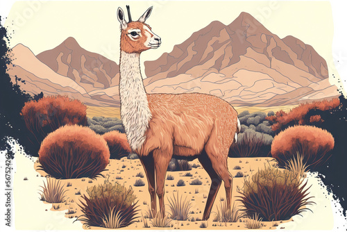 Guanaco (Lama Guanicoe) in the wild, in the Chilean Patagonia prairie. Generative AI photo