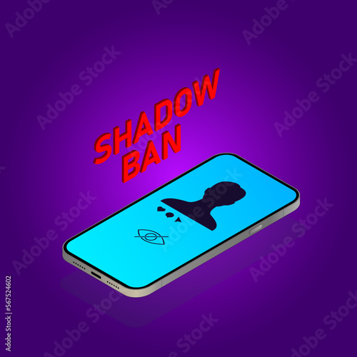 Shadow ban. Shadowban on social networks. Shadow blocking. Personal profile and account are invisible, blocked and banned. Vector illustration.