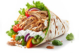 Shawarma or Doner with chicken roll on isolated white background. Turkish Fast Food . Generation AI
