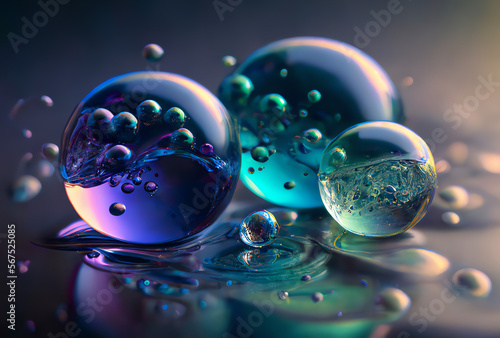 purple and green bubbles on water, generative ai