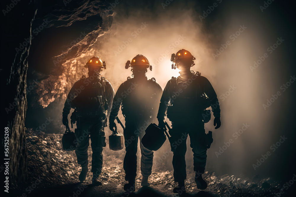 Silhouette of miners with headlamps entering underground coal mine, Industry worker. Generation AI Silhouette of miners with headlamps entering underground coal mine, Industry worker. Generation AI