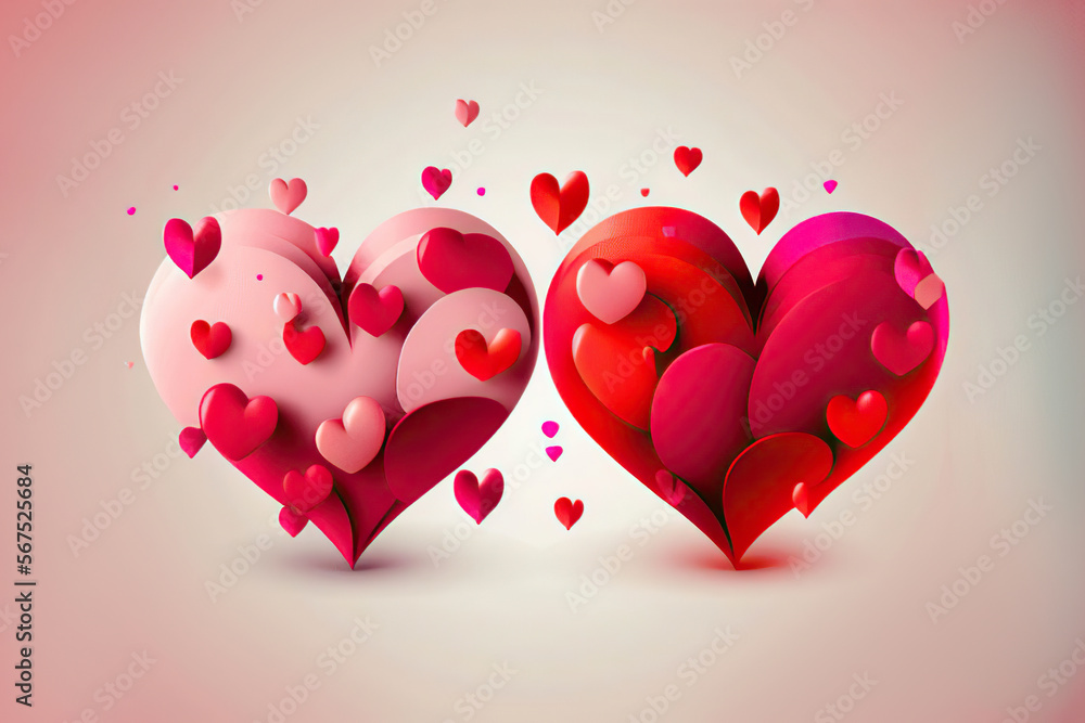 Two hearts, red and pink, white background, valentine, love, illustration, Generative AI