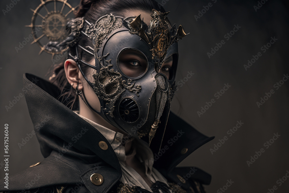 Portrait of a beautiful steampunk woman and steampunk mask - Generative AI