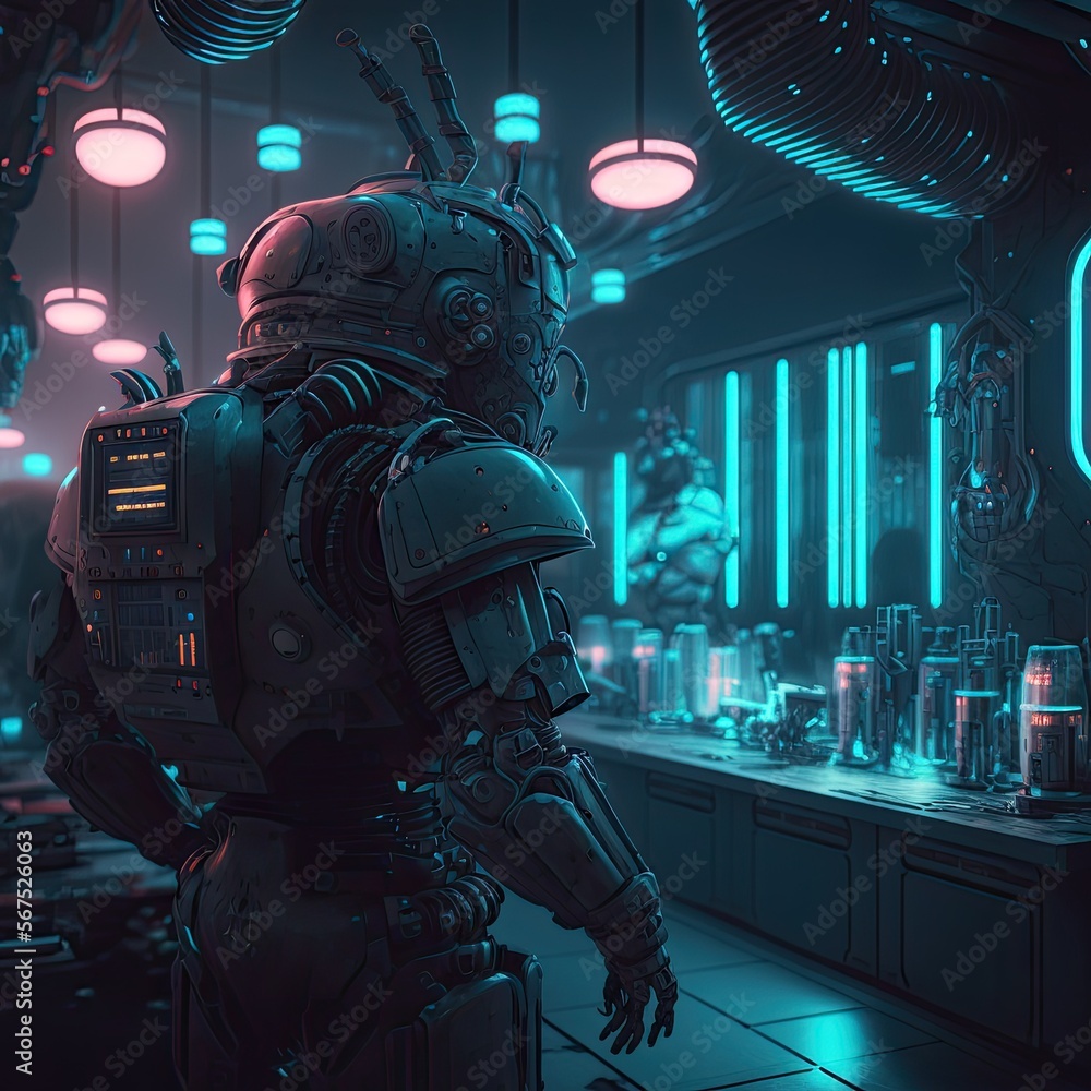 Reunion of a cyberpunk team with focus on a futuristic cyborg, AI generated Reunion of a cyberpunk team with focus on a futuristic cyborg, AI generated