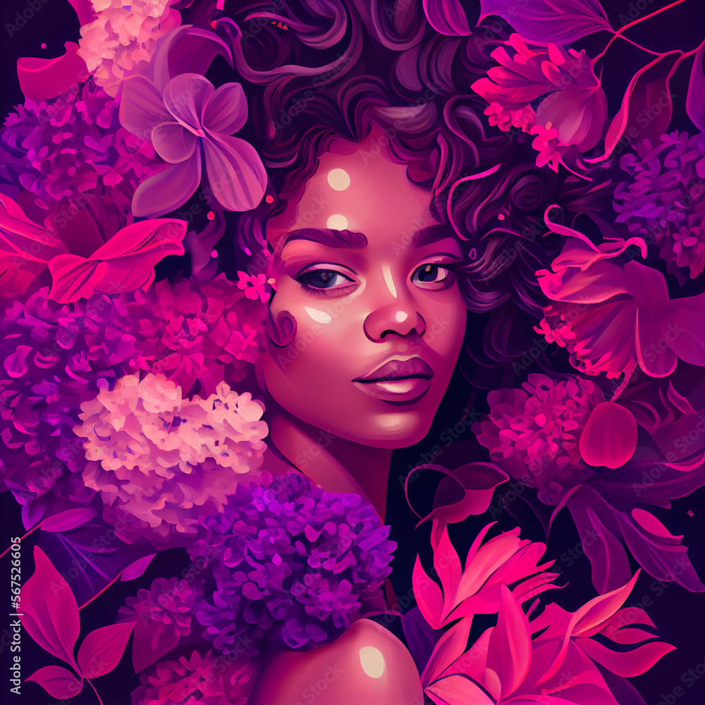 Woman purple flowers Illustration created by Generative AI technology